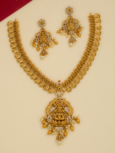 Lakshmi Kasu Short Necklace| Divine Elegance |Laskshmi Kasu Necklace White Stones Necklace|  Antique  lakshmi kasu short necklace |  lakshmi necklace with pearl danglers