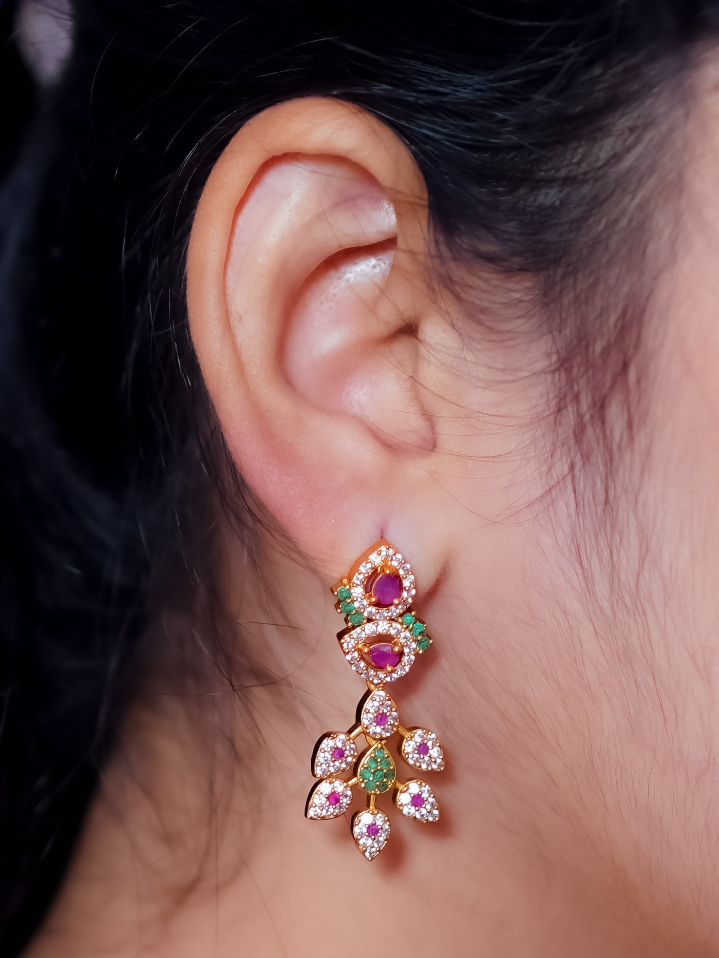 Cz Ruby Drop earrings, temple earrings 