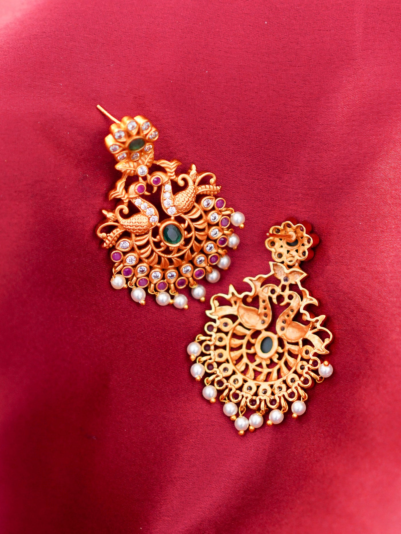 Peacock chandbalis wiyh pearl dangles, Temple Earrings, peacock earrings