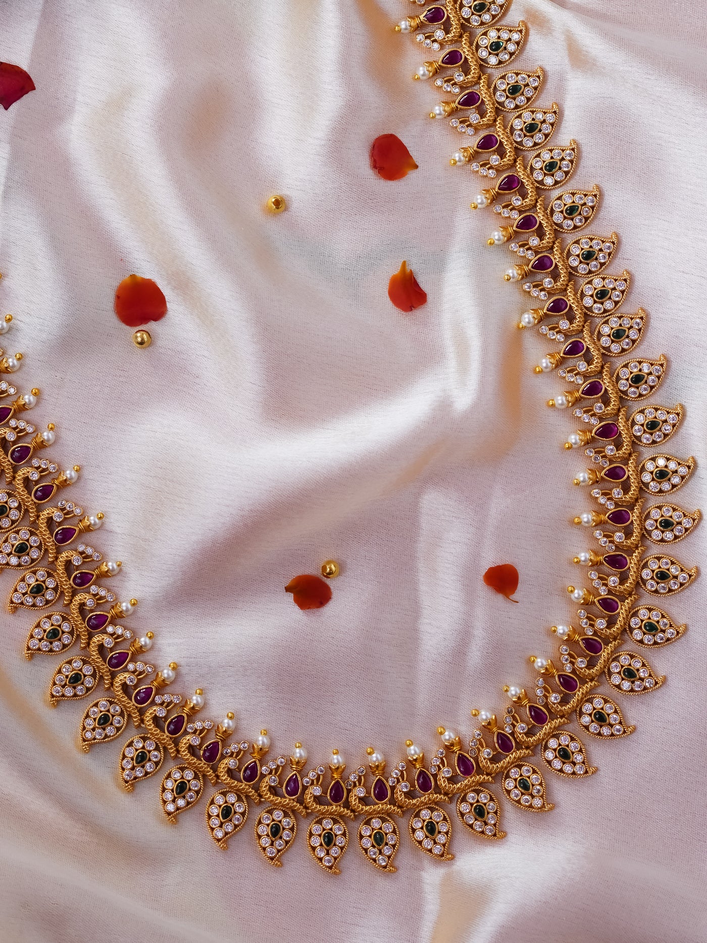 Finely Detailed peacock mango pearl  temple long haram
