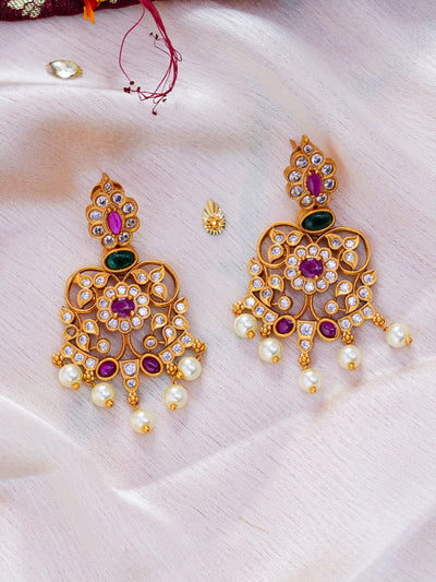 Chandbali mango design south Indian temple matte finish earrings with pearl hangings