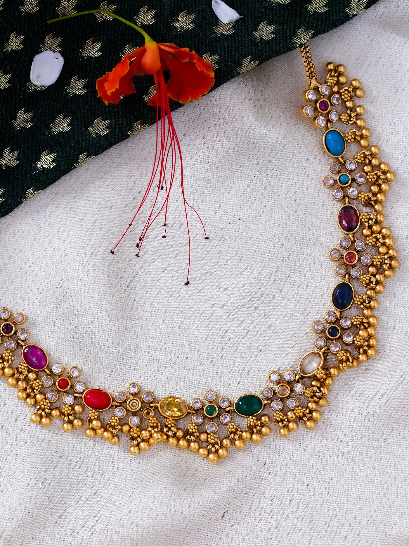 navaratna flower necklace set with pearl danglers