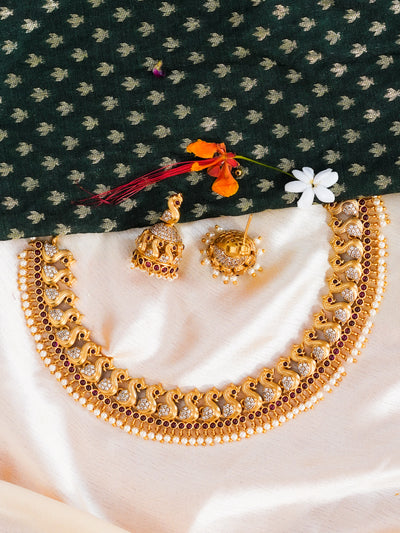 swan design pearl temple necklace set