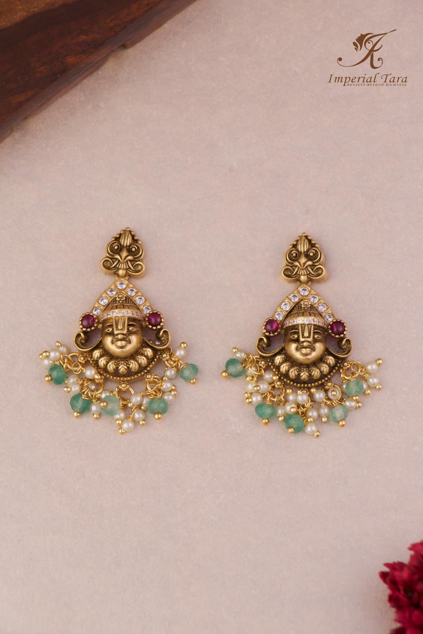 Details of Achyutan Lord Balaji matte finish imperial tara pendant set.