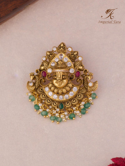 Detail View of lord Balaji pendant crafted in brass and studded with Ad stones