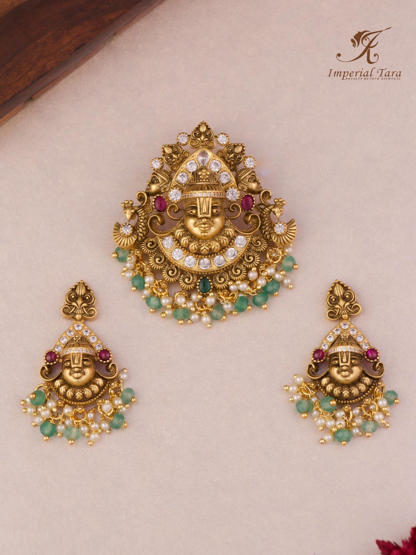 Matte Finish finely crafted lord Balaji pendant set with pair of Chandbali earrings