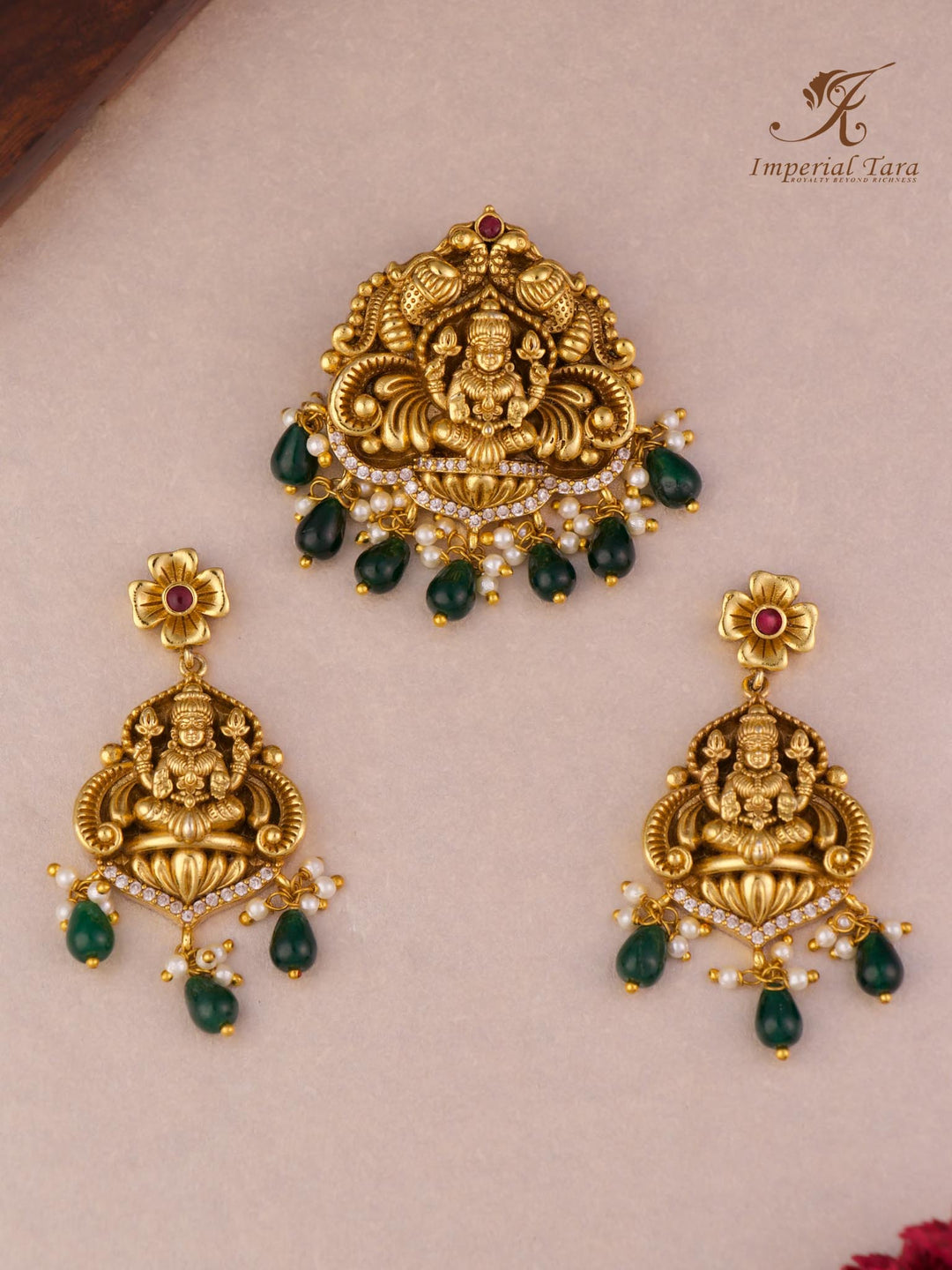 Elegant Gold Finish Lakshmi Pendant Set with Earrings – Imperial Tara