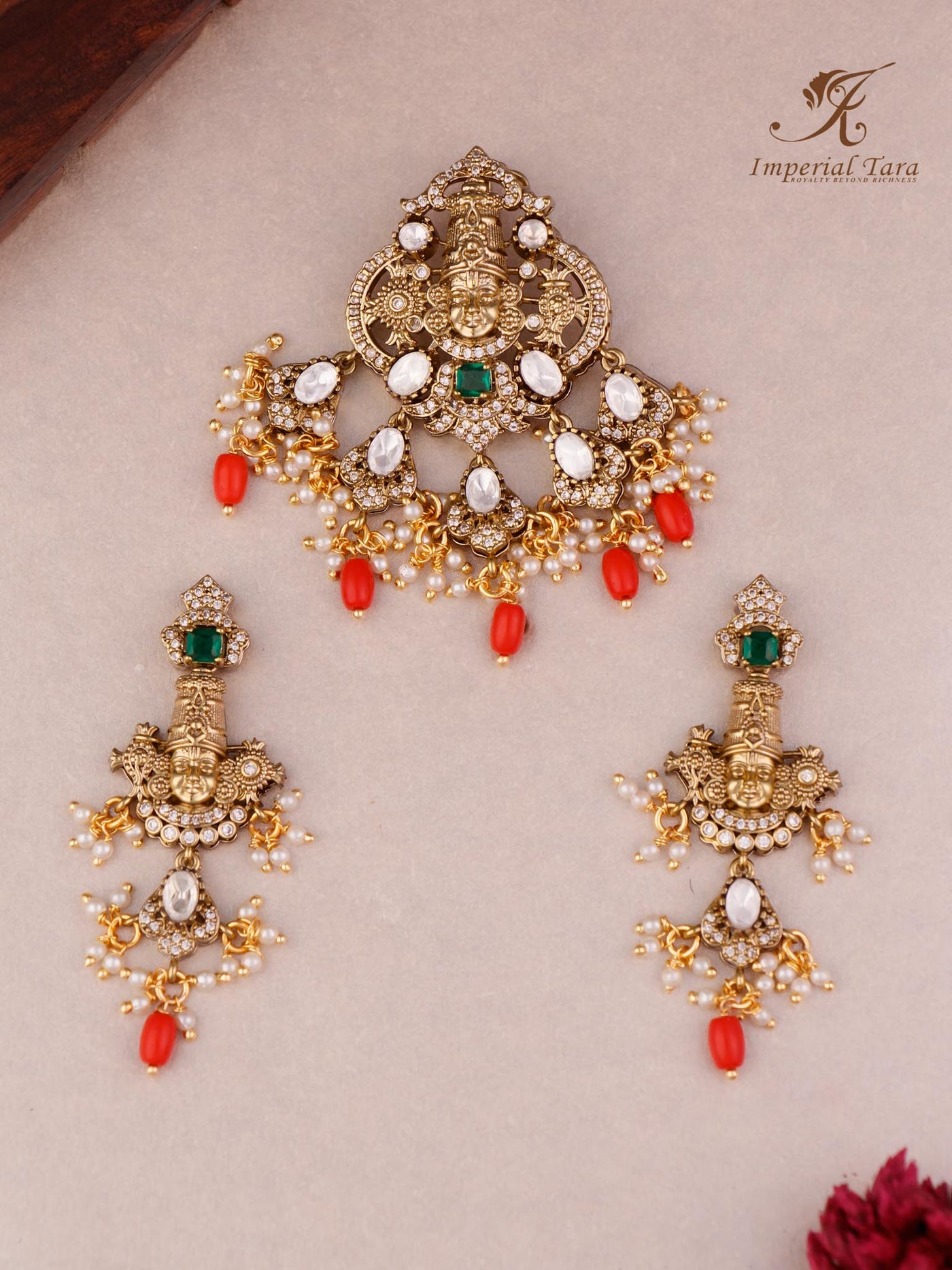 Kashvi Lord Balaji coral pendant set with drop earrings in brass & Moissanite Stones
