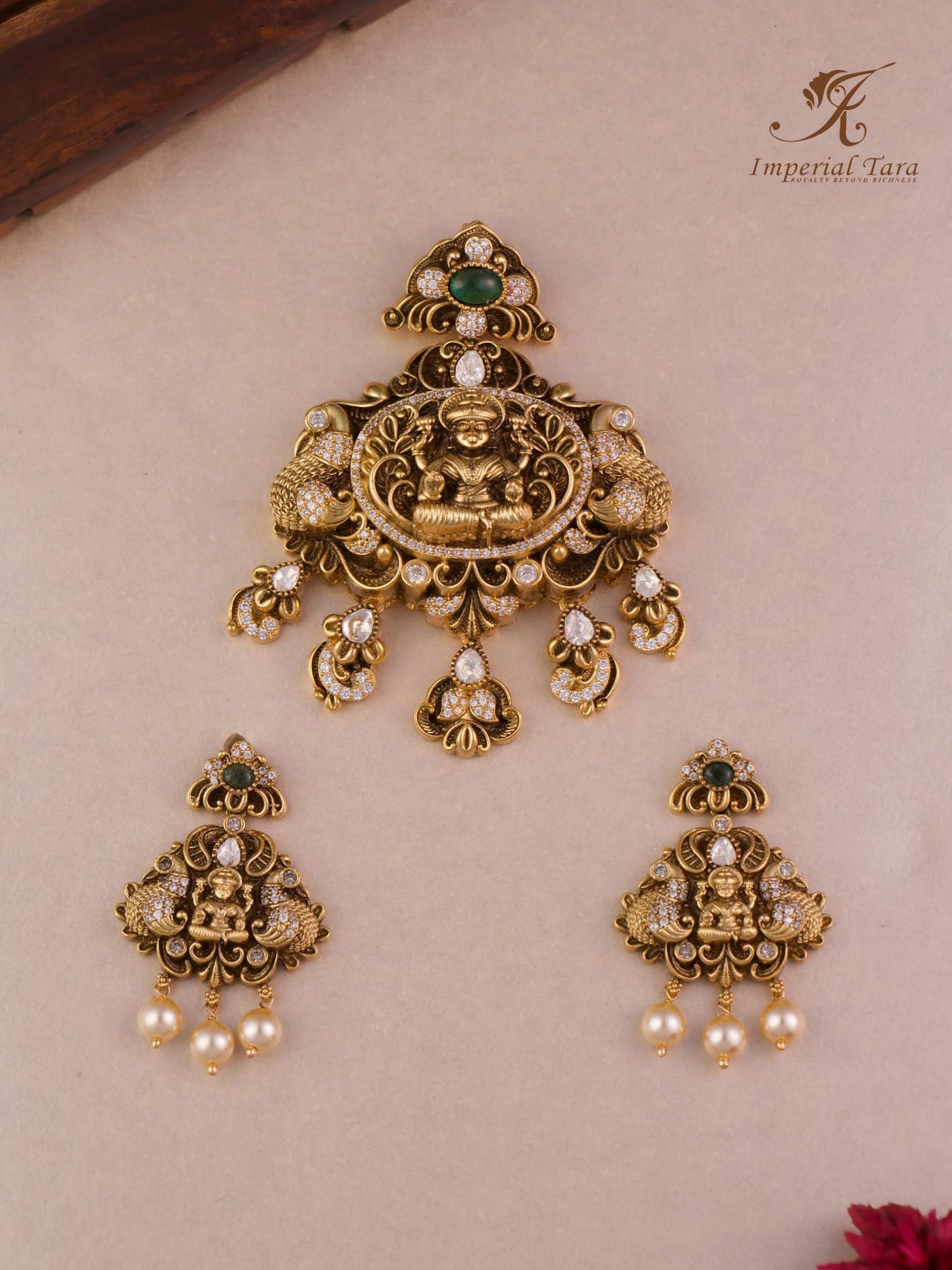 Unique antique finish statement Lakshmi pendant set with  pair of Chandbali earrings & studded with AD Stones