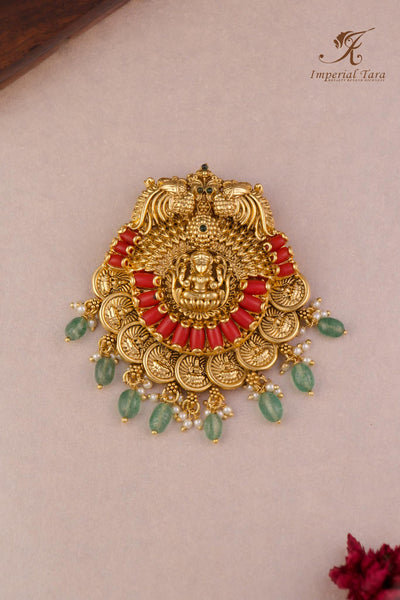 Finely crafted kasu coral Lakshmi pendant details of  Imperial Tara Turvi pendant set