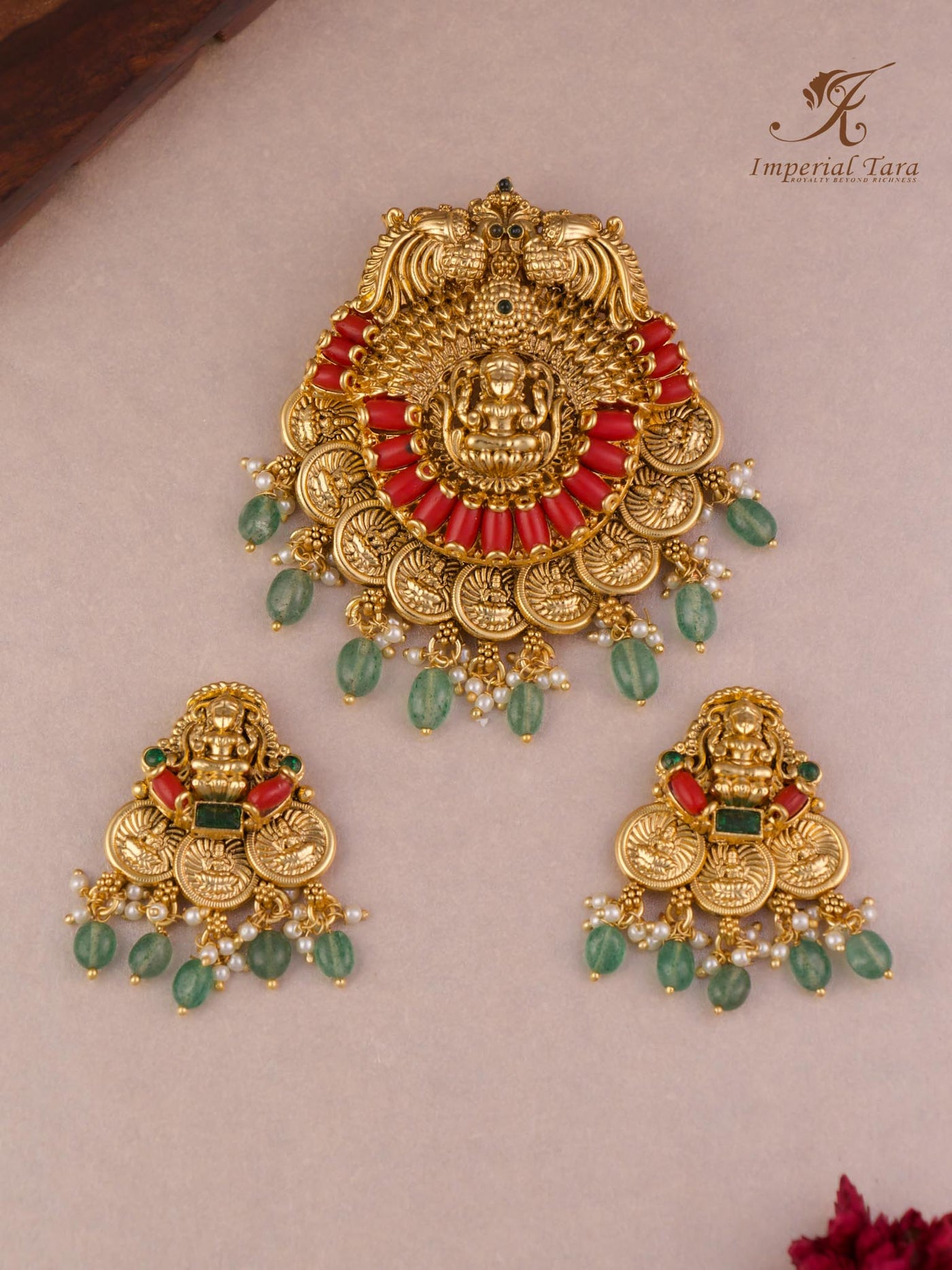 Traditional coral beads studded statement Lakshmi kasu pendant set with stud earrings