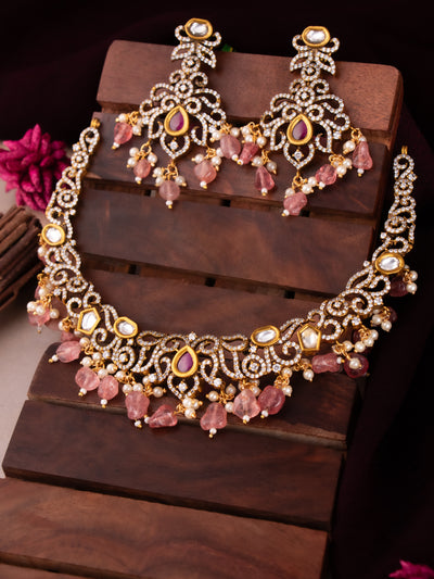 Stylish victorian necklace studded  with diamonds, kundan stones &  pink beads