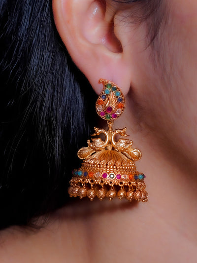  Mango design with peacocks heavy jhumkas in temple Jewellery