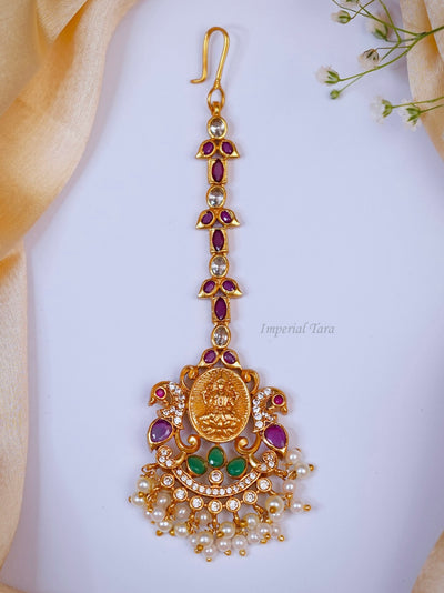 Kasu Design Lakshmi Maang Tikka | Real Kemp Guttapusalu Maang Tikka | Peacock And Lakshmi Design Maang Tikka | Maang Tikkas Online For Best Price | Hair Accessories | South Indian Jewellery | Pearls  Maang Tikka | Kemp Maang Tikka | South Indian Lakshmi Maang Tikka.