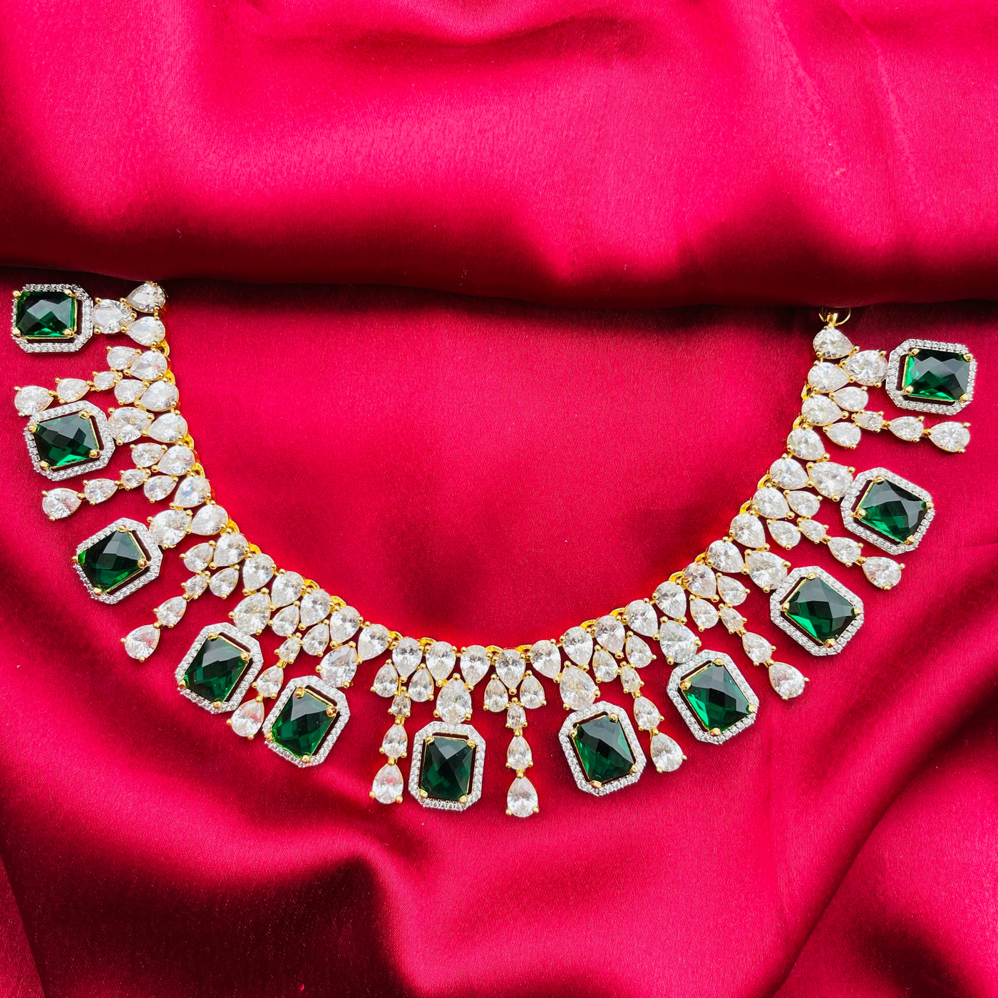American Diamond Emerald Gold Plated Diamond Necklace Details