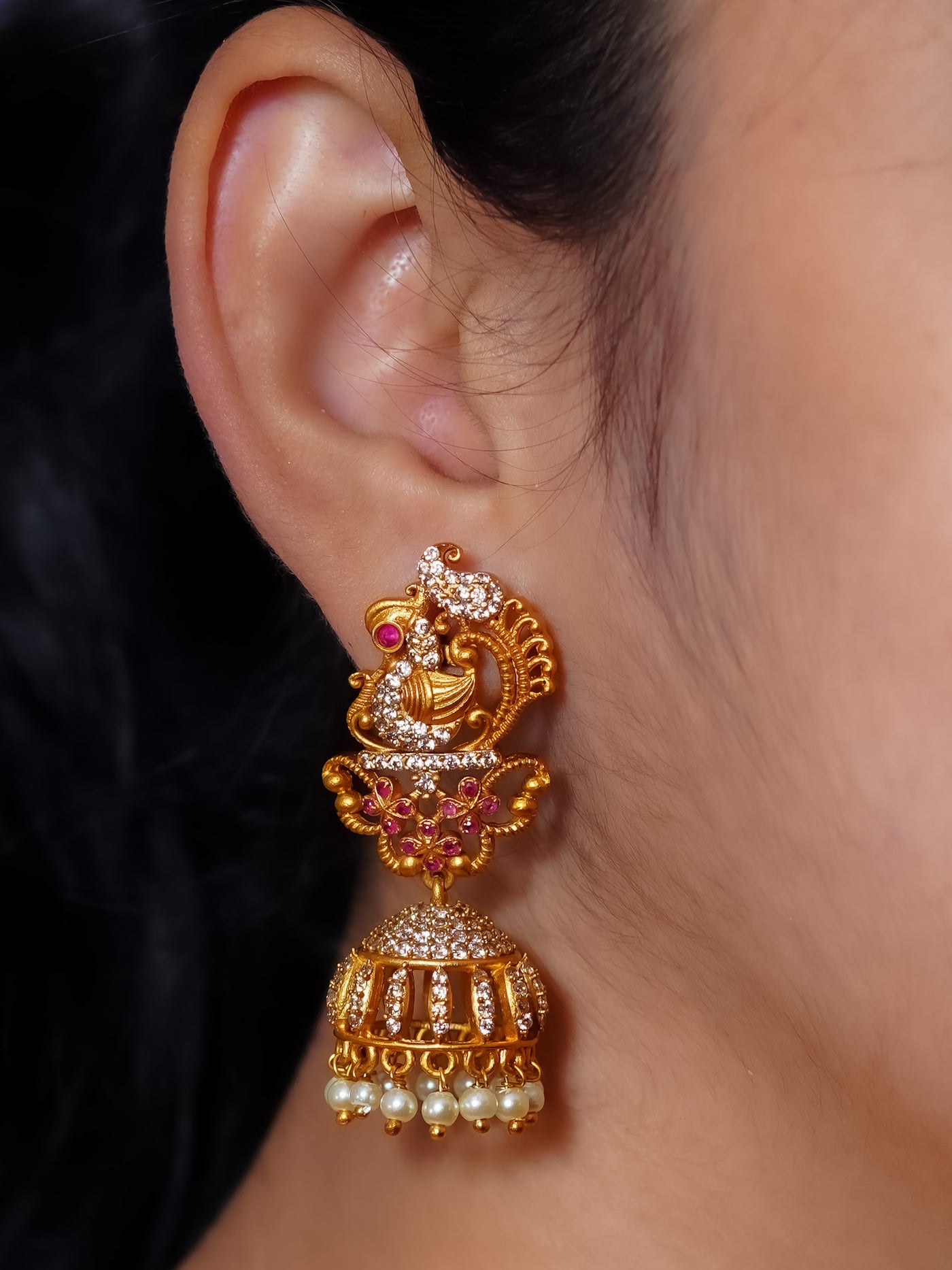 Cz matte peacock jhumkas 