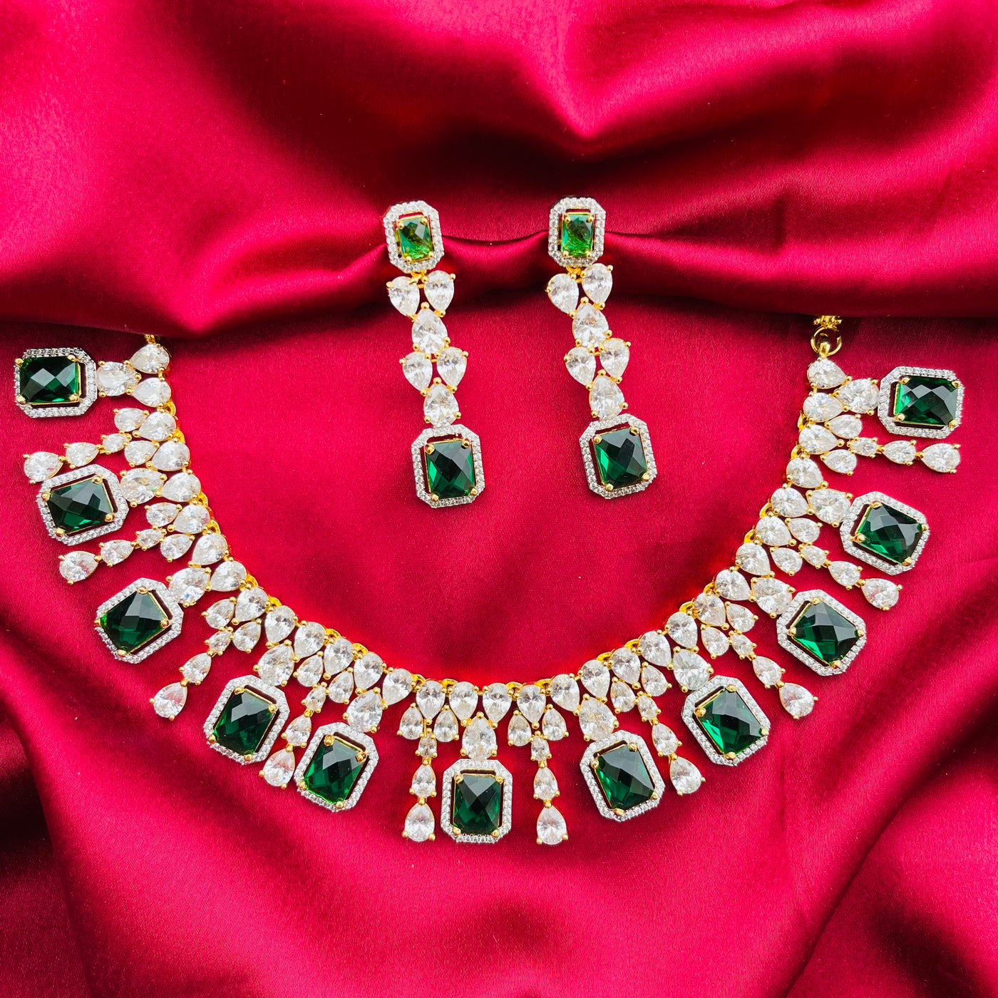 American Diamond Emerald Gold Plated Diamond Necklace