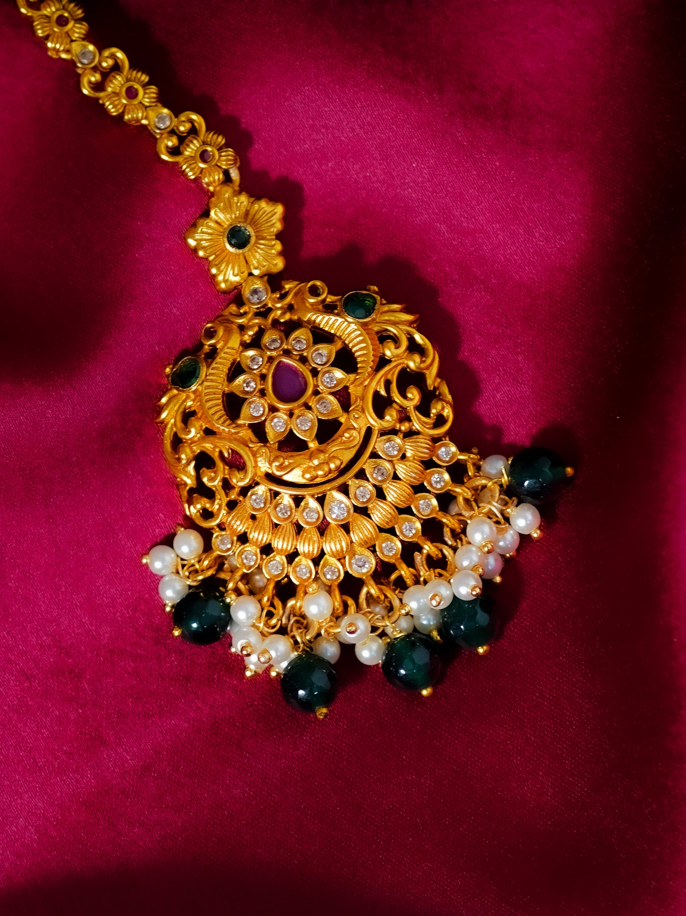 Temple Maang Tikka | Green Beads Tikka | Guttpusalu Maang Tikka | South India Hair Accessories | Bridal temple Maang Tikka |  Gold Maang Tikka | Wedding Jewellery