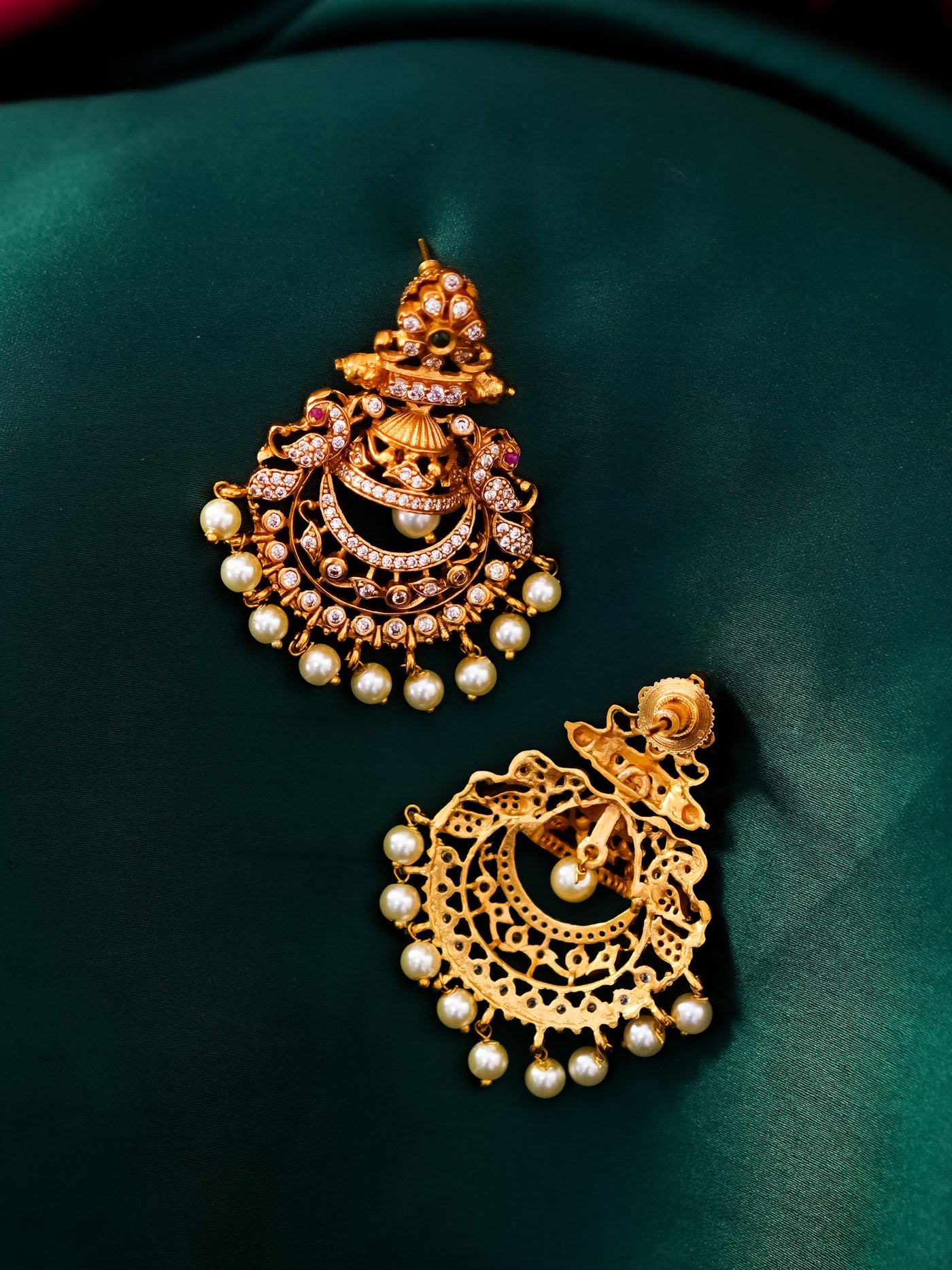 CZ Ruby chandbalis with pearl dangles