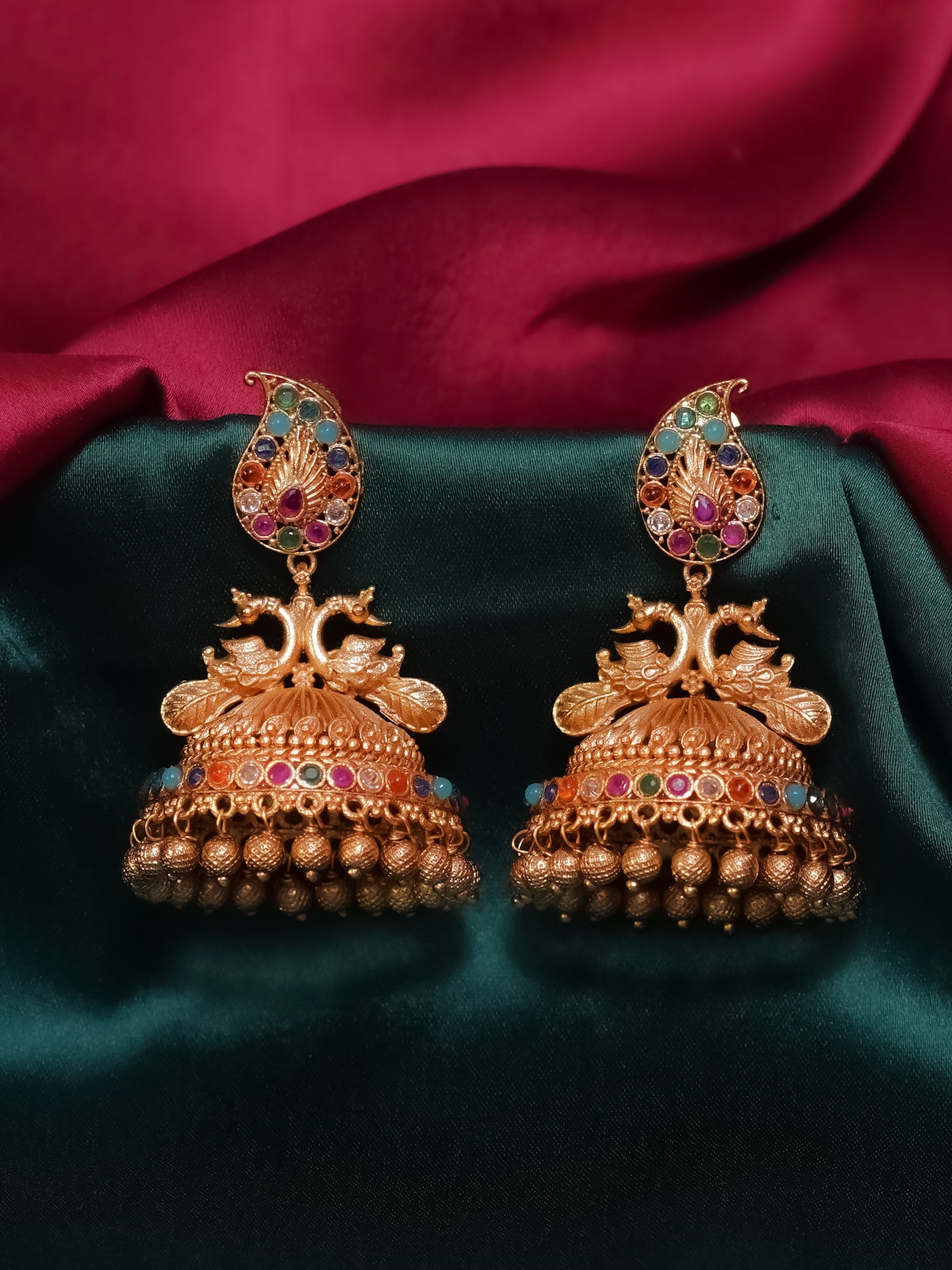 Mango design with peacocks heavy jhumkas in temple Jewellery 