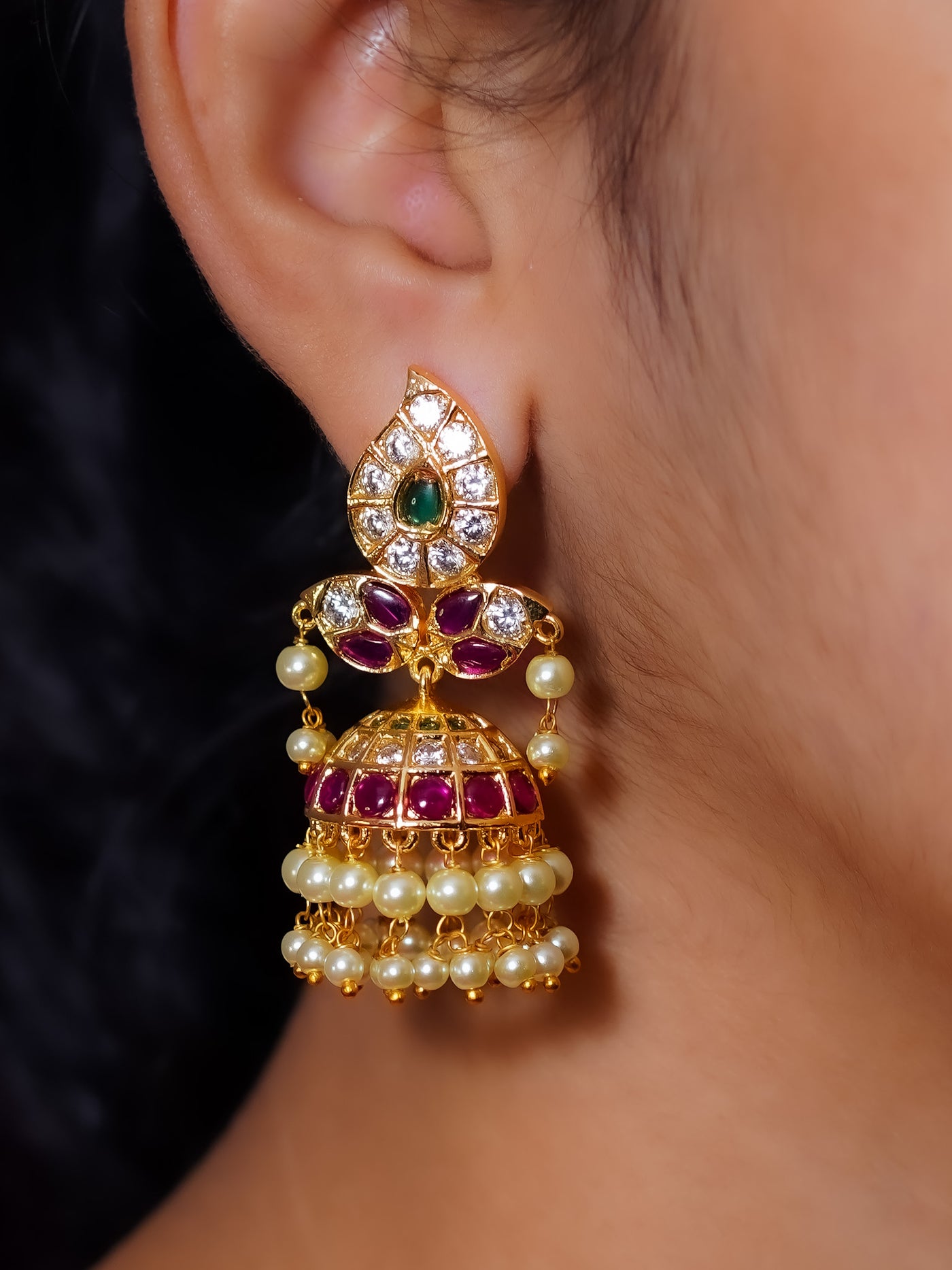 CZ Jhumkas | Mango Design Guttapusalu Jhumkas | Temple Earrings Online | South India Wedding Jewellery | Guttapusalu Mango Jhumka Earrings