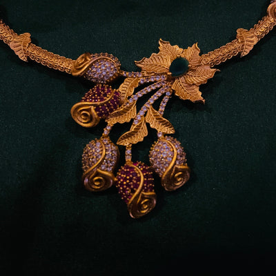 Detailed flower designed cz flower temple necklace set