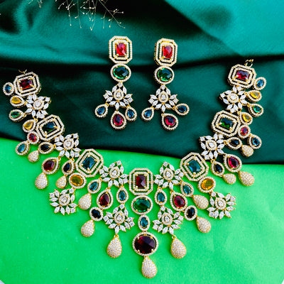 American diamond multicoloured necklace,american diamond necklace for reception,