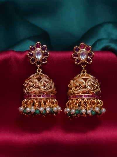 Heavy jhumkas with Pearl danglers in temple Jewellery (temple earrings) antique 