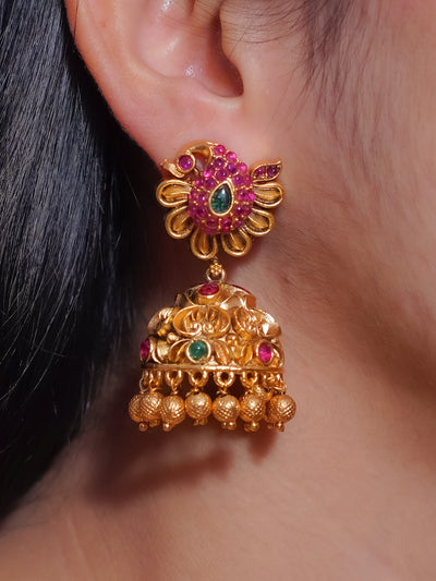 Peacock Lakshmi Jhumkas | Temple Kemp Jhumkas | South Indian Peacock Earrings | Traditional Jewellery Online India