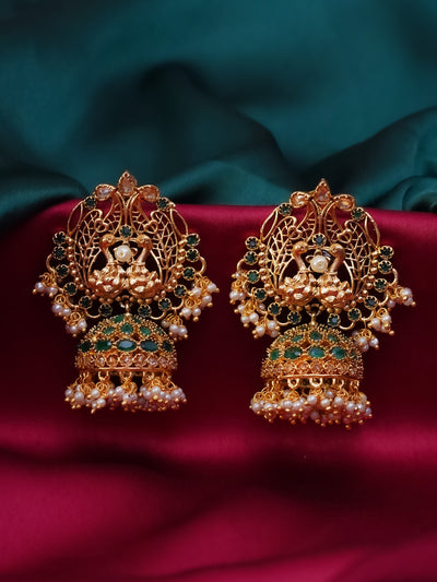 Heavy peacock earrings with jhumkas and cluster pearl danglers in temple Jewellery 