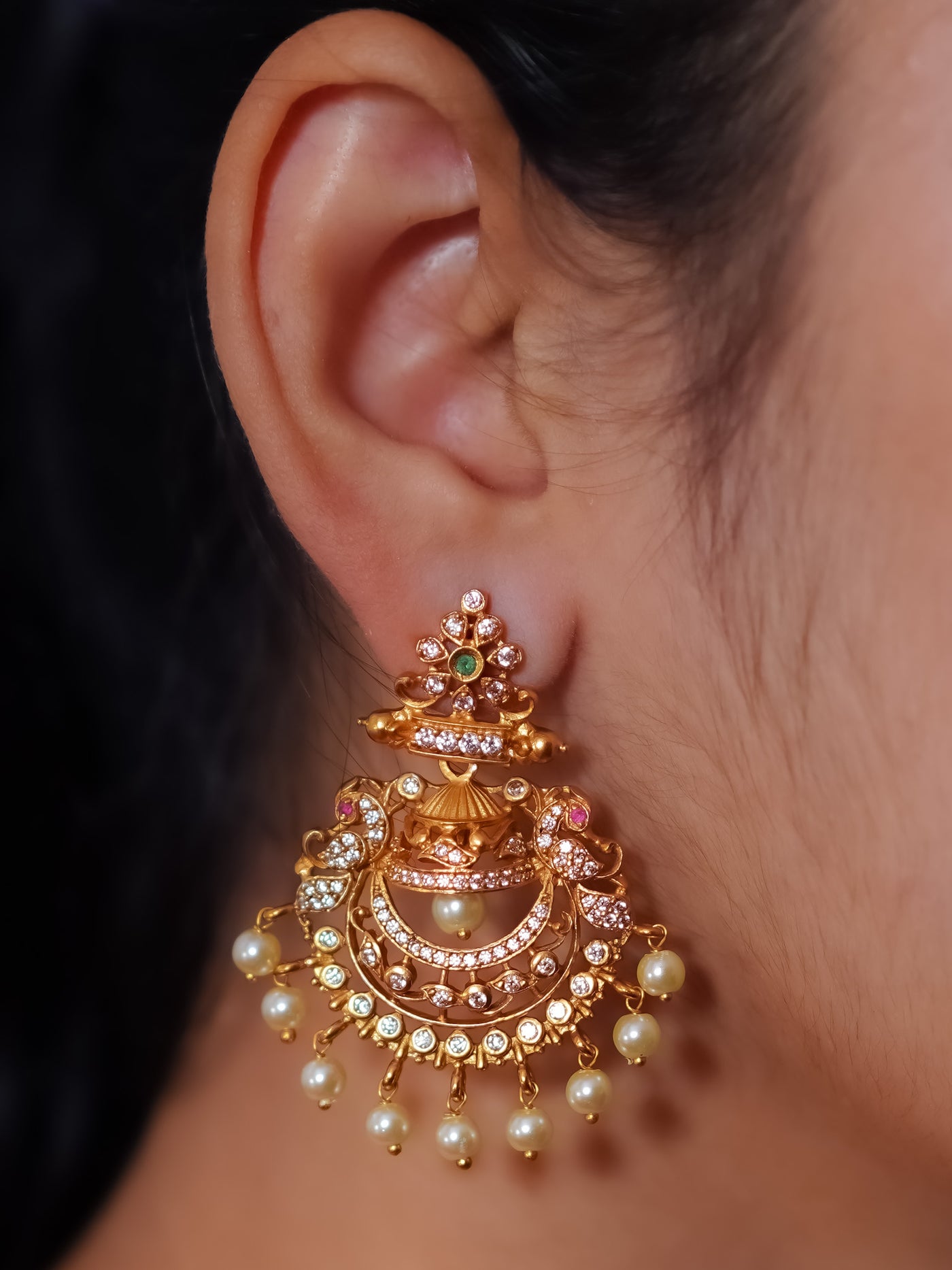 CZ Ruby chandbalis with pearl dangles