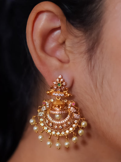 CZ Ruby chandbalis with pearl dangles