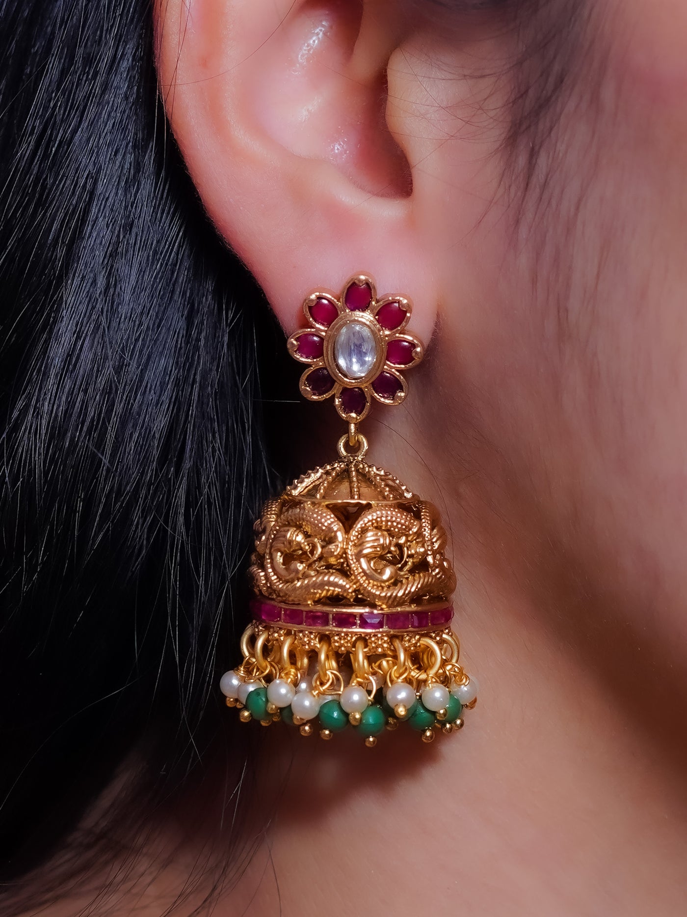 Heavy jhumkas with Pearl danglers in temple Jewellery (temple earrings) antique