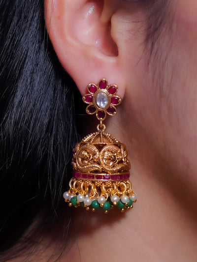 Heavy jhumkas with Pearl danglers in temple Jewellery (temple earrings) antique