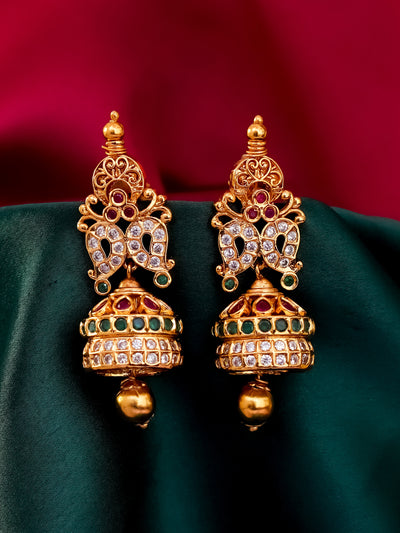 Cz real kemp jhumkas with gold ball dangle, temple jhumkas