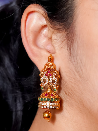 Traditional Temple Jhumkas | CZ Jhumkas | South Indian Temple Jhumkas | Earrings Shop Online | Mango Design Gold Jhumkas