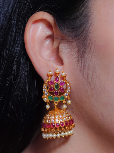 Temple jhumkas,real kemp jhumkas,pearl jhumkas,temple earrings