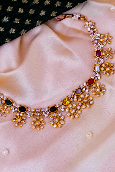 Uncut finish Navarathna flower temple necklace set
