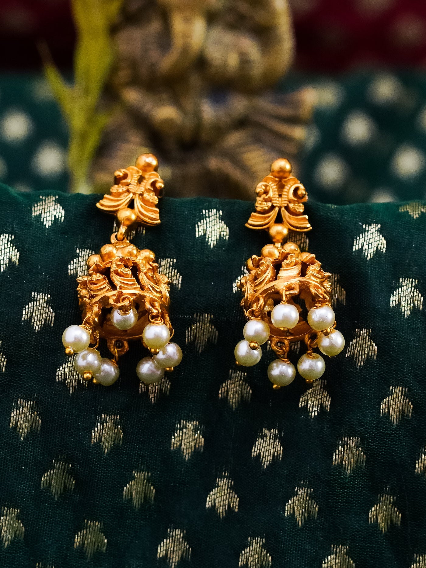  Temple peacock jhumkas with pearl dangle