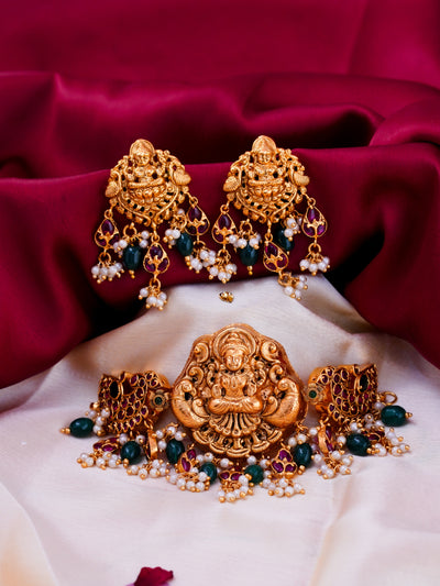 Real kemp Lakshmi choker,temple jewellery, bridal choker,green bead choker, heavy bridal lakshmi choker