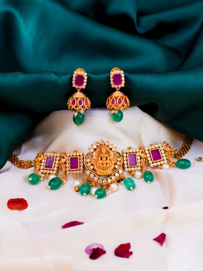 Temple choker, simple choker, lakshmi temple  hoker, Choker eith jhumkas