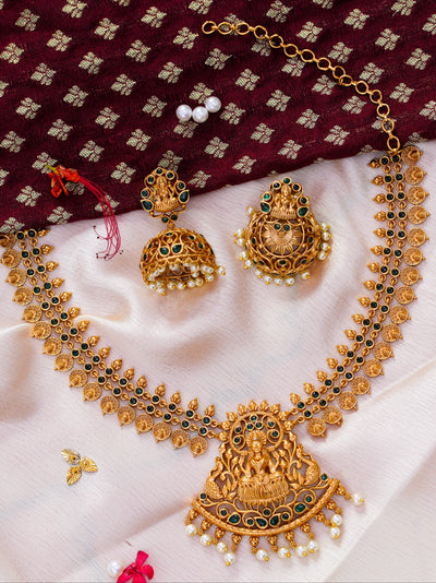 Real kemp Necklace, lakshmi kasu necklacem lakshmi necklace with jhumkas