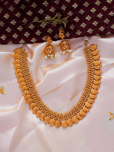 Kasu necklace with jhumkas, gold look alike necklace, kadu with jhumka, necklace online