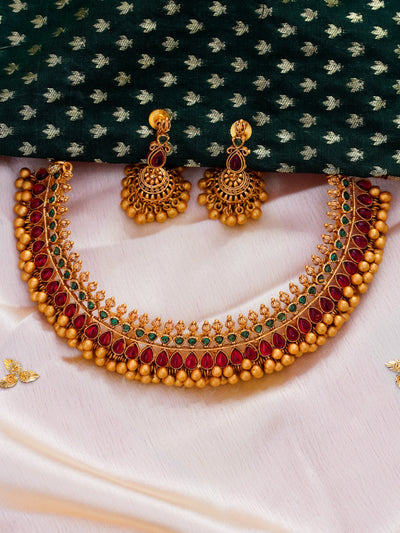 Real kemp matte necklace, gold necklace with jhumkas, premium quality gold jewellery 