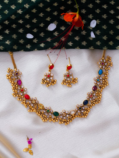 Navartna flower temple necklace  set with pearl danglers