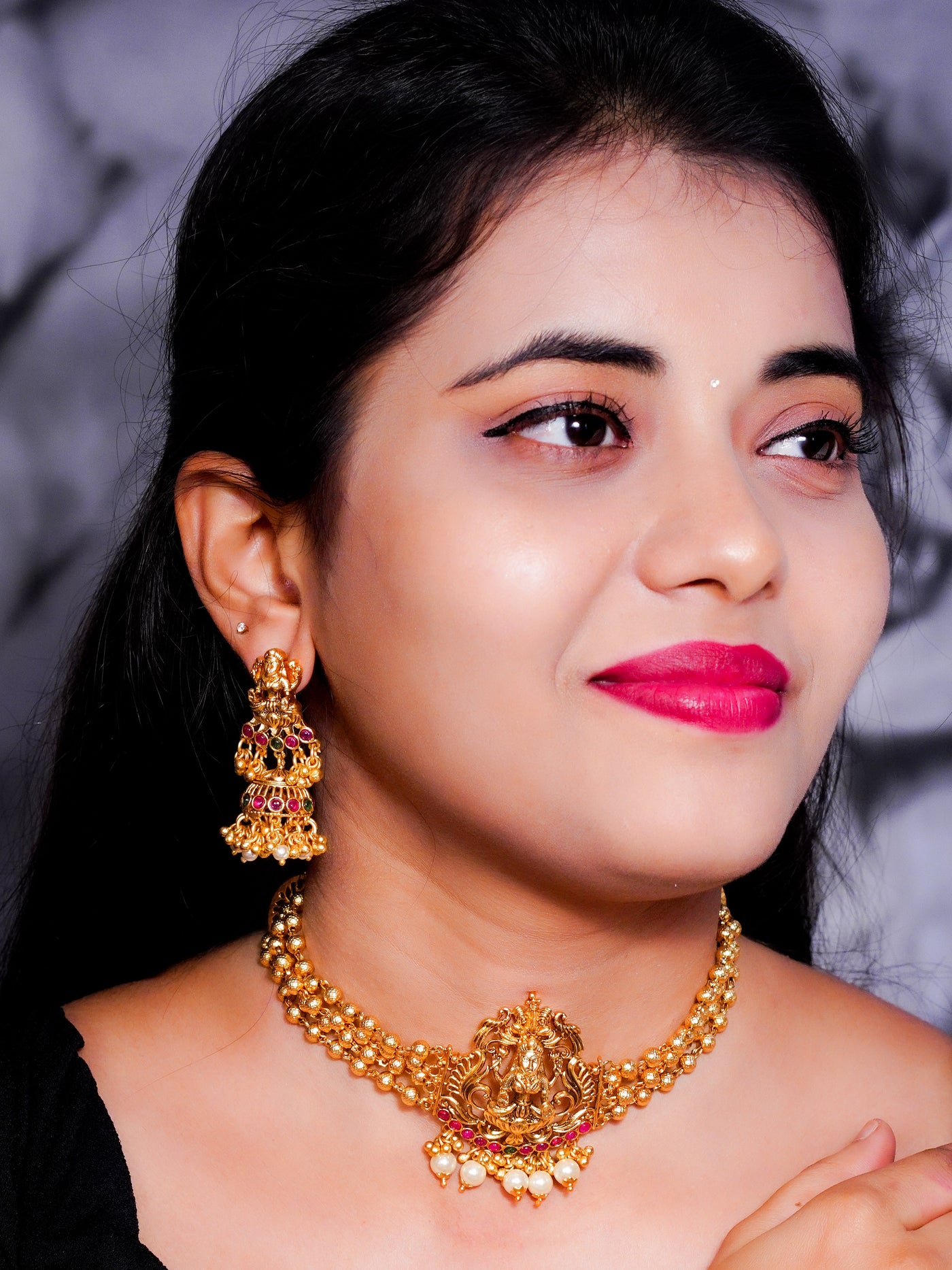 Gold bead choker,lakshmi choker, choker with Jhumkas, temple jewellery  , bridal jewellery,  lakshmi choker online