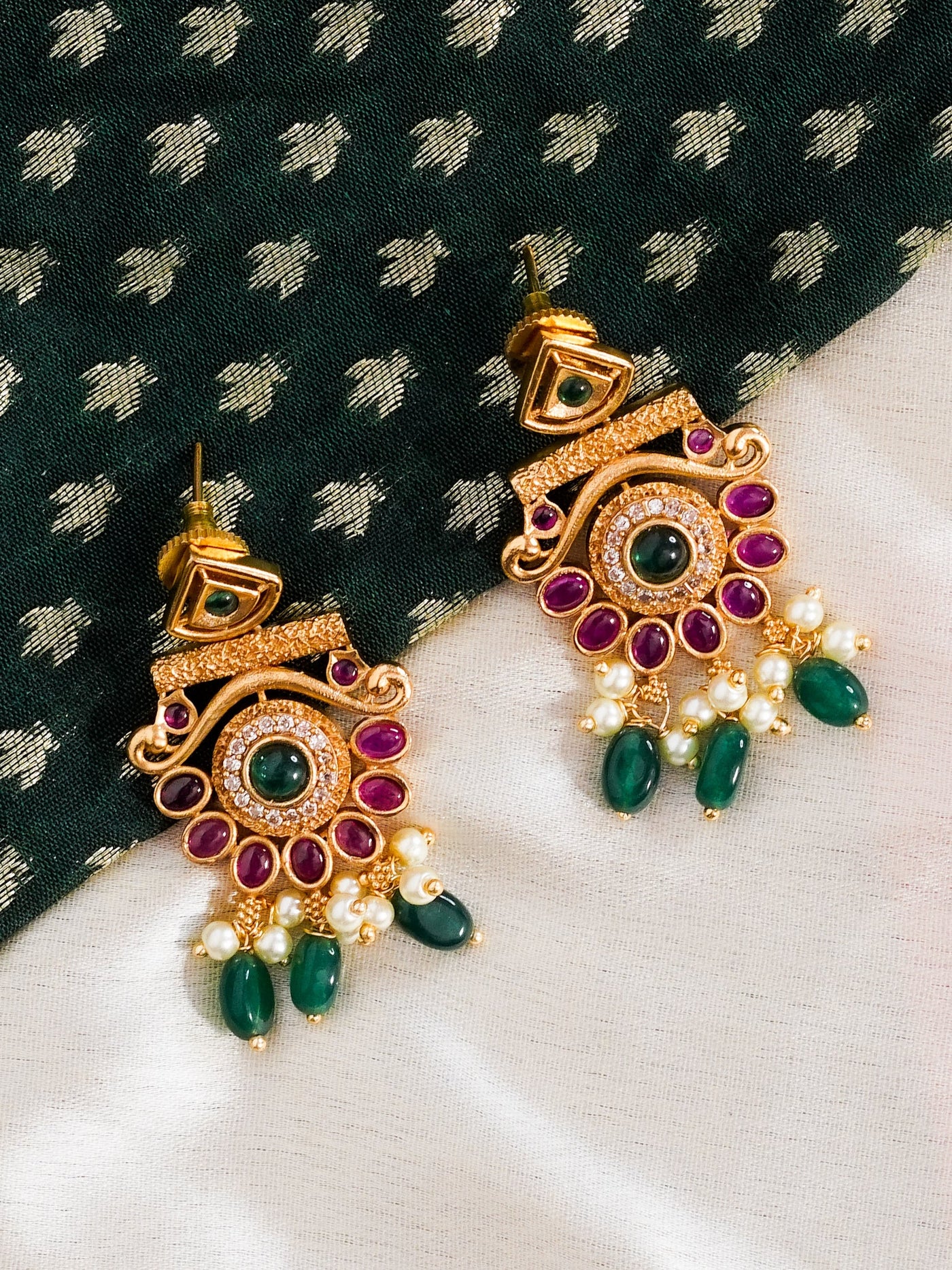 South Indian Real Kemp Chandbali Earrings With Green Hydro Beads
