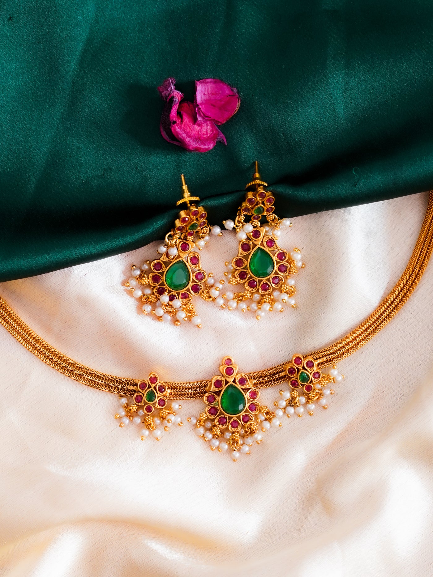 Imperial Tara Gold Plated Simple Temple Necklace Set.
