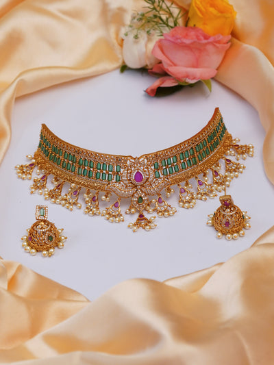 Temple Jewellery, South Indian Heavy Bridal Green Choker Necklace Set Design With Guttapusalu (pearls) For Wedding in Gold.