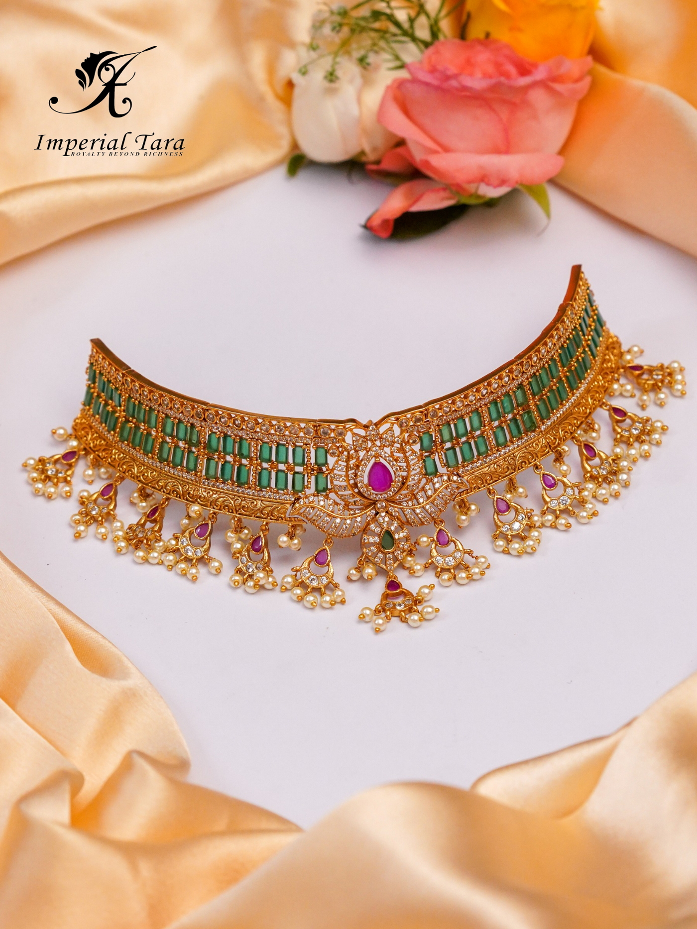 Antique choker Guttapusalu Necklace Set in Green, Shop Online India For Best Price. A Unique South Indian Bridal Choker, imitation Jewellery sets. 